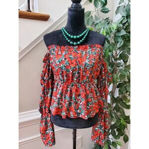 SHEIN Women Red Floral 100% Polyester Off The Shoulder Long Sleeve Top Blouse L